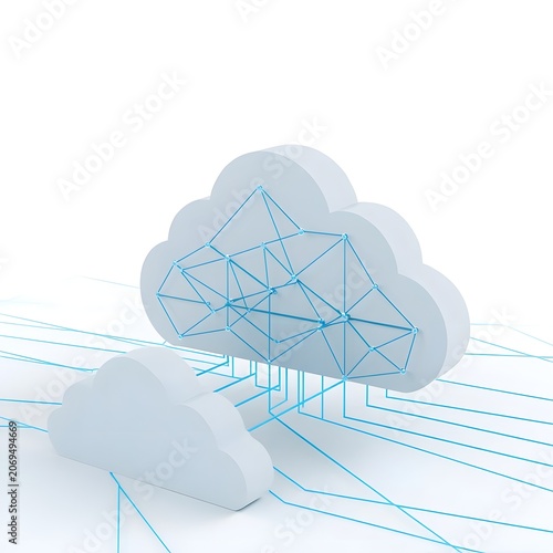 Cloud computing infrastructure concept, digital network visualization, clean white background, photorealistic technology illustration, 8K