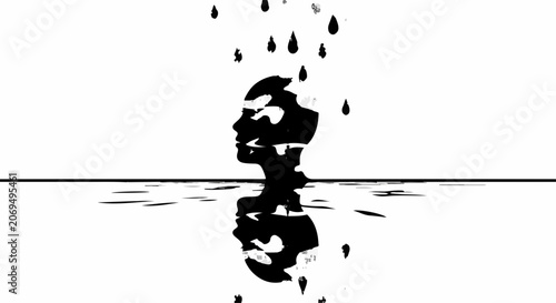 Abstract silhouette of a head dissolving into dark droplets against a stark white background