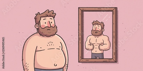 overweight man looking in mirror and seeing reflection of fit and muscular man