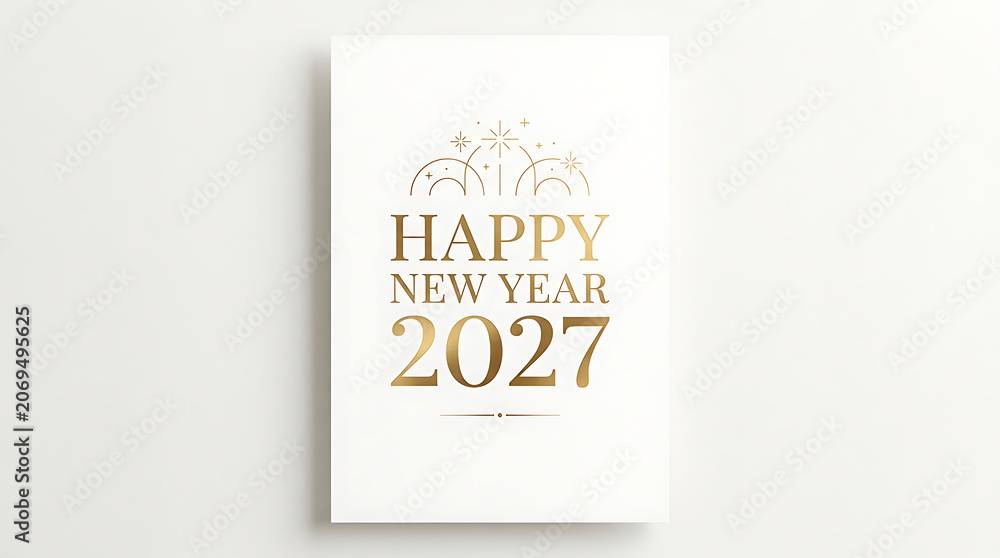 Obraz premium Minimalist 2027 New Year Invitation Template with Gold Line Art Icons on White Paper