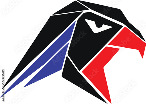 Geometric Low Poly Eagle Head Logo Icon with Red Beak and Blue Feathers