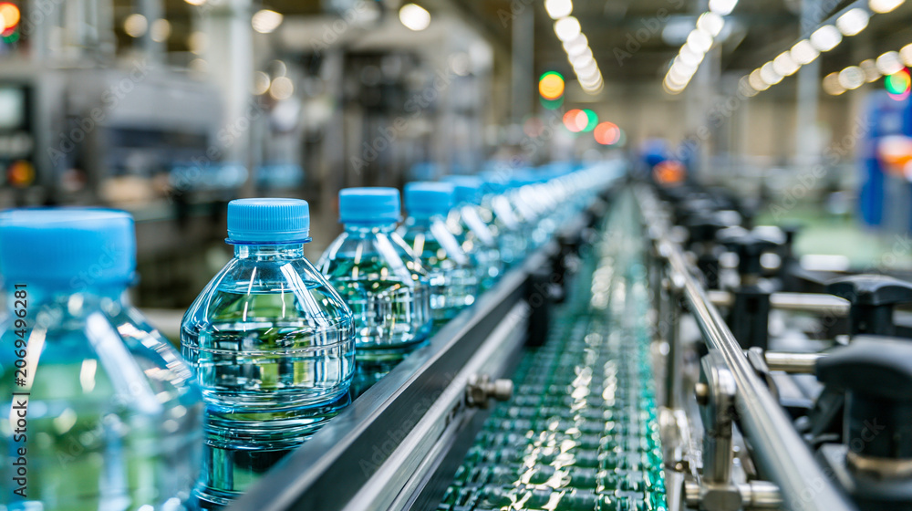 Naklejka premium Automated Conveyor Belt Transporting Plastic Water Bottles in Factory