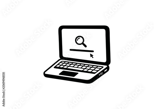 Black Laptop Search Icon Isolated on White Background, Minimal Vector Symbol for Technology, Internet and Digital Interface Design