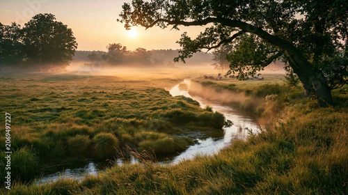 Serene Morning Landscape with Mist Over Winding River and Lush Green Meadow