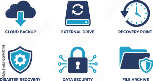 Professional information protection symbols for digital storage safety, electronic shield graphics, and secure restoration for technology management