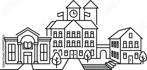 Tablou pe pânză Line art illustration of buildings and trees white background