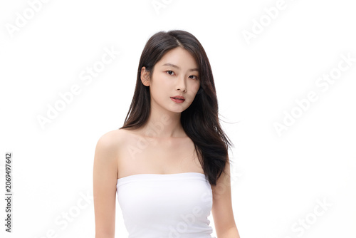 Photography Young Asian woman portrait in white strapless top on white background
