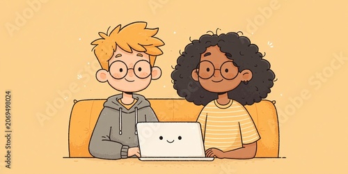 Two Gen Z young people using laptop 