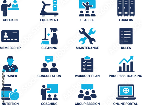 Comprehensive Set of Fitness Center Services and Gym Management Icons Illustrating Facility Operations and Member Experience