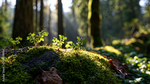 Close-up of young plants growing on mossy forest floor with sun rays