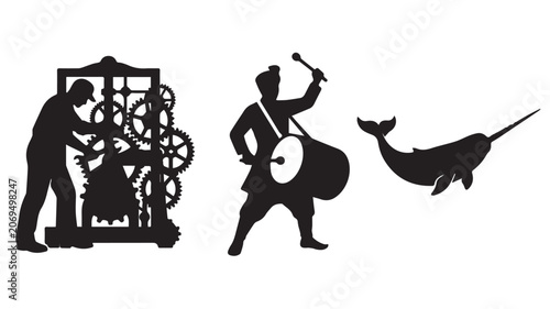 Silhouettes of a clockmaker with gears, a drummer in traditional attire, and a narwhal