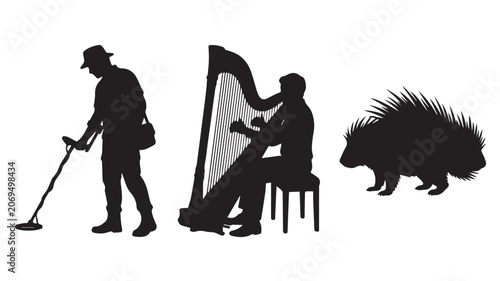 Silhouettes of a man with a metal detector, a person playing a harp, and a porcupine