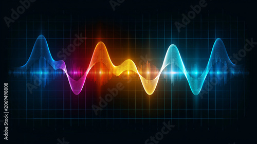 Colorful abstract sound wave visualization on dark background with grid