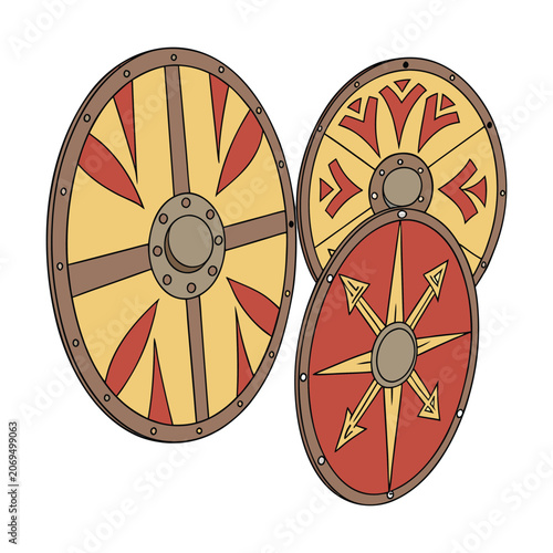 Tableau sur toile Viking shields, medieval armor, red and yellow, vector icons, 3 shields