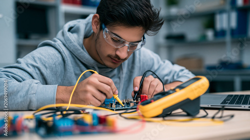 Focused young engineer testing electronic circuit with multimeter in laboratory