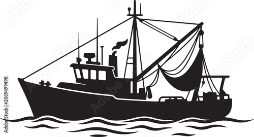 Photos Fishing boat, silhouette, black vector, nautical icon, sea vessel