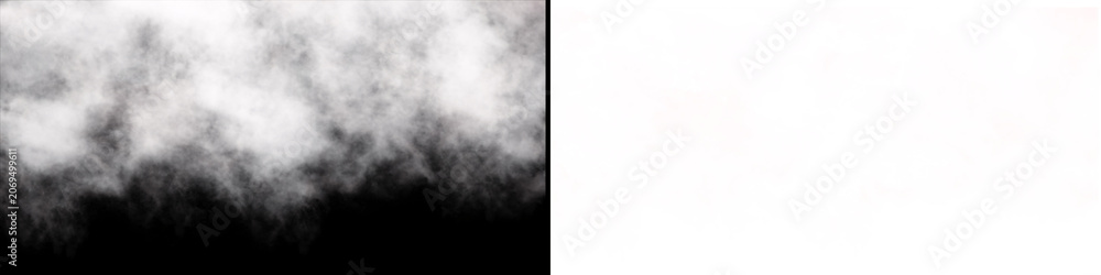 Fototapeta premium Thick white steam or soft cloud layer isolated on black and transparent background for professional image compositing.