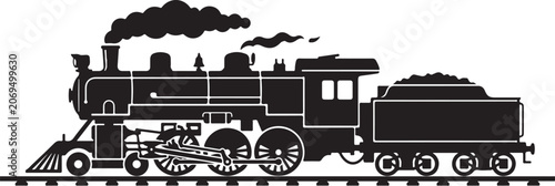 Foto Vintage steam locomotive, black silhouette, train icon, railway vehicle
