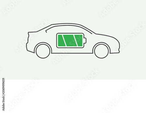 Electric car with full battery charge icon representing sustainable transportation.