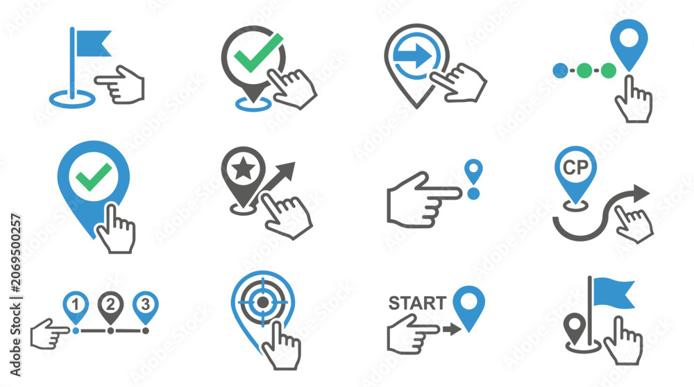 Fototapeta premium Collection of navigation and location icons with hand cursor interaction for digital maps and planning