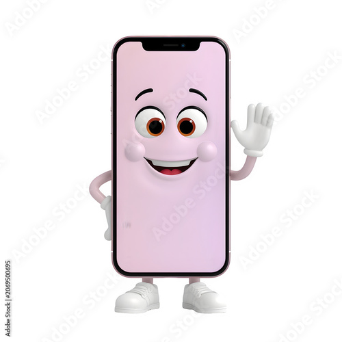 Cartoon pink smartphone character waving isolated on transparent background