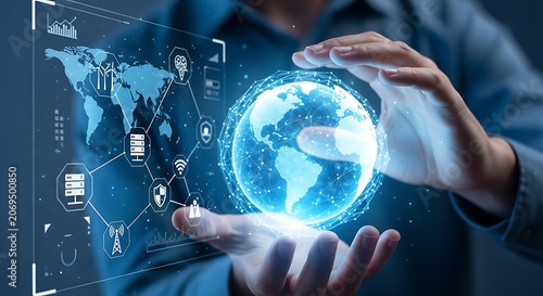 Hands holding digital globe with futuristic technology interface display background