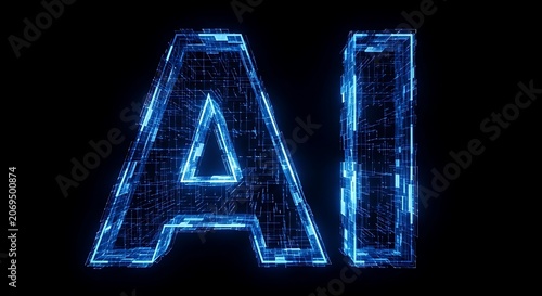 Modern glowing artificial intelligence letters with futuristic digital wireframe design