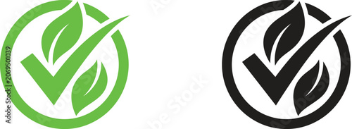 Photos Eco friendly leaf check mark icon set in green and black colors for sustainable