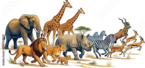 Photography Colorful African savanna wildlife illustration featuring elephant giraffes lion