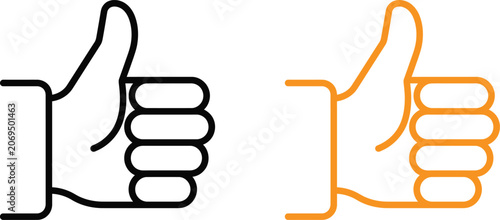 Black and orange outline thumb up hand sign icons for positive feedback and social media approval