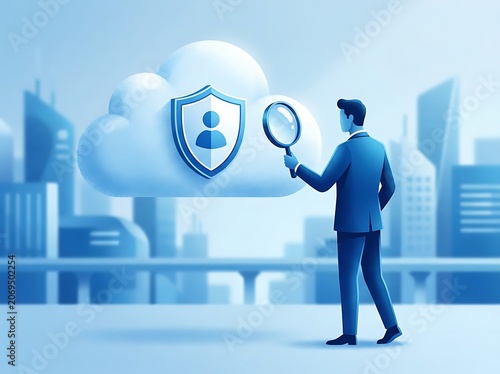 Businessman examining cloud security with magnifying glass.