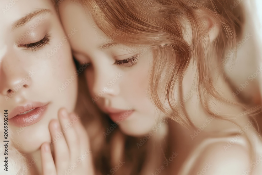 Obraz premium Gentle embrace between two young women with soft lighting and ethereal beauty, close-up portrait.
