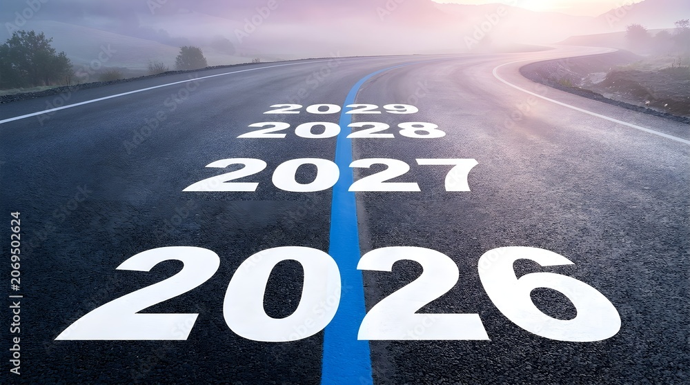 Fototapeta premium Asphalt road markings showing the years 2026 2027 2028 and 2029 leading into the bright future