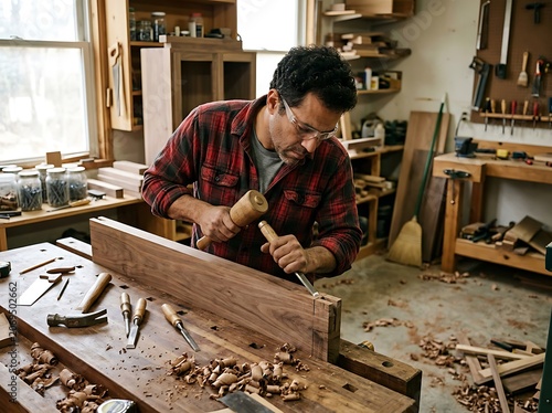 Craftsman working on wood in a workshop.