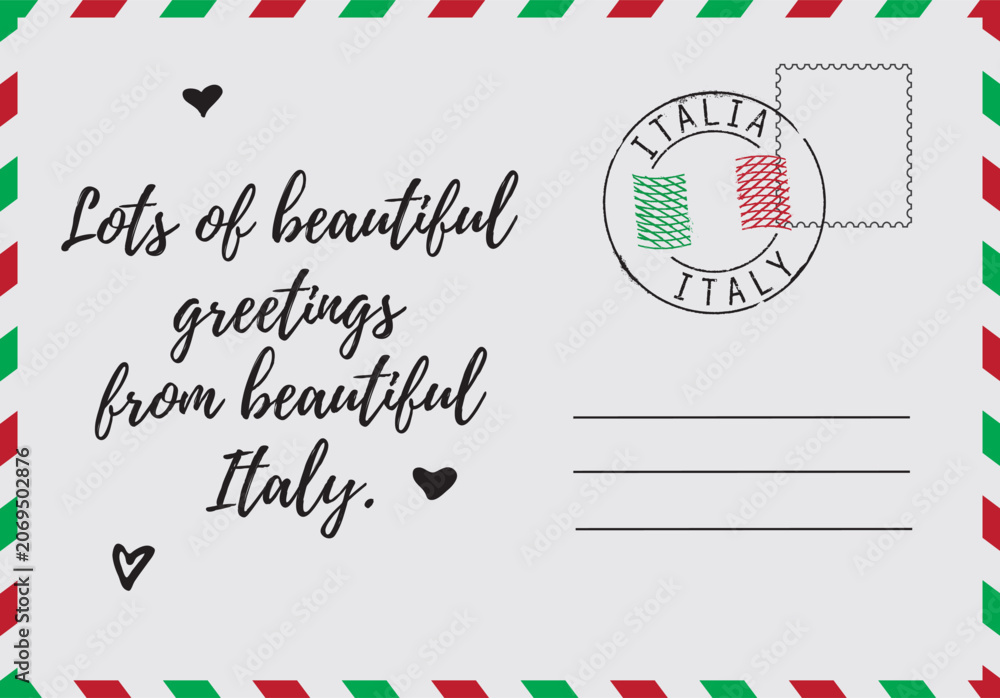 Fototapeta premium A stylized postcard illustration with a stamp bearing an inscription in Italian and English. Useful for tourism marketing, print materials, souvenirs and digital content.