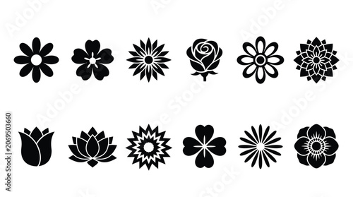 A collection of twelve distinct black flower icons arranged in a clean modern grid layout