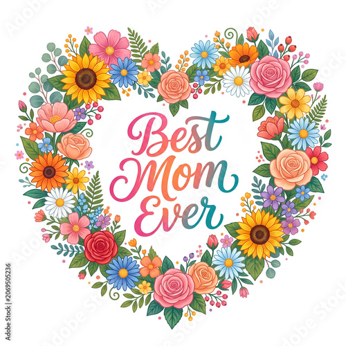 Best mom ever colorful heart greeting card design isolated on white background