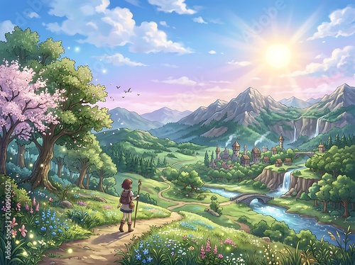 Golden hour mountain valley landscape with river and deer.