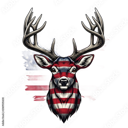 Black and white deer head with red ribbon isolated on white background