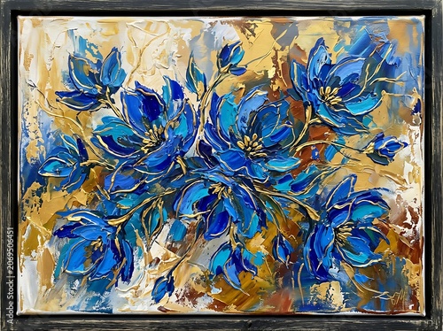 Abstract Blue Floral Painting with Textured Background.
