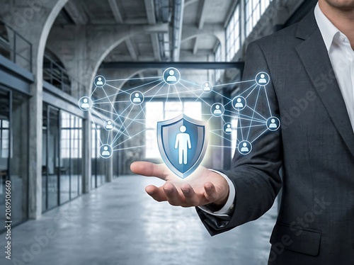Businessman holding digital security hologram in modern office.