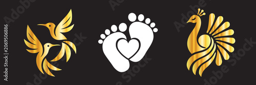 Elegant golden hummingbirds and a majestic peacock bird design alongside a white baby footprint heart symbol symbolizing love and family on a contrasting background
