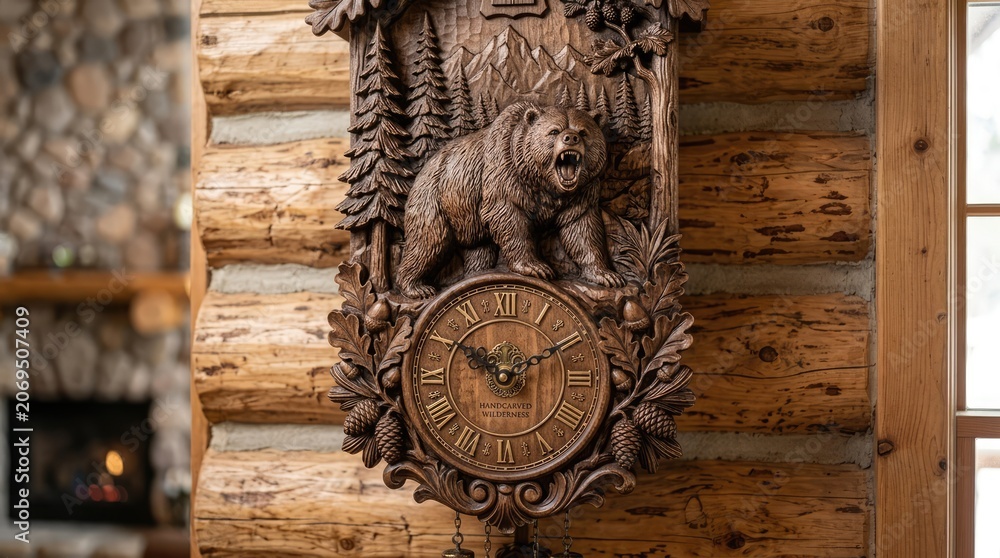 Fototapeta premium Carved wooden bear clock on log cabin wall.