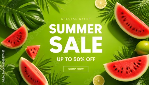 Summer Sale Banner with Fresh Watermelon Slices and Tropical Monstera Leaves on Green Background