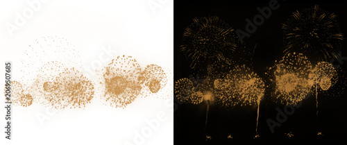 Canvastavla Golden fireworks display on black and white backgrounds, festive pyrotechnic exp