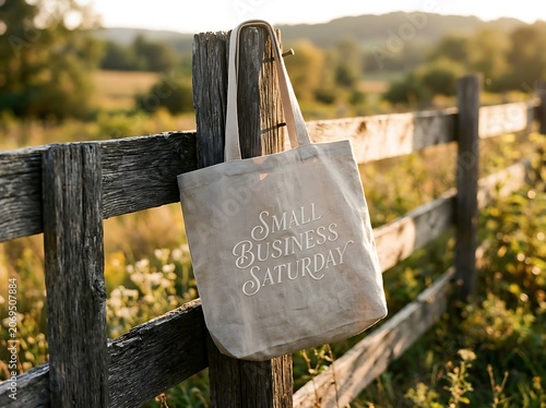 Beige tote bag hanging on wooden fence in nature.