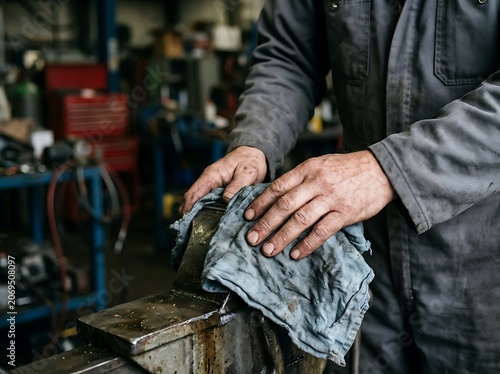 Mechanic cleaning hands with oily rag in workshop.