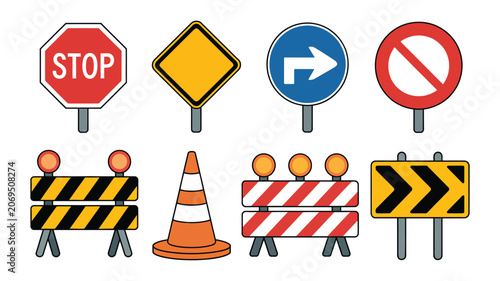 Konstfotografi Road Signs Barricades and Traffic Cone Vector Icons for Construction Safety Tran