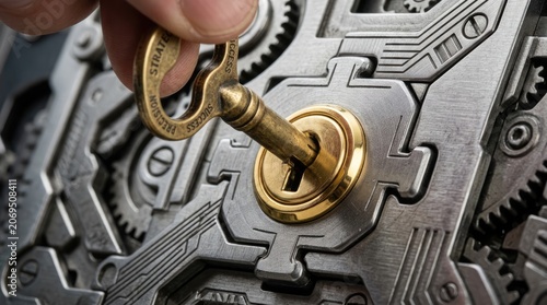 Golden key unlocking complex mechanical gear system.