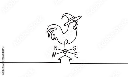 фотографія Single continuous line of a rooster wearing a witch hat standing on a weather va